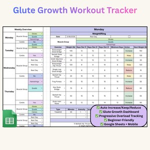 Może przedstawiać: Cyfrowy arkusz kalkulacyjny Glute Growth Workout Tracker z tygodniowym przeglądem i szczegółowym dziennikiem treningu siłowego na poniedziałek. Interfejs zawiera kolumny na ćwiczenia, wagę w funtach, powtórzenia oraz status działań.