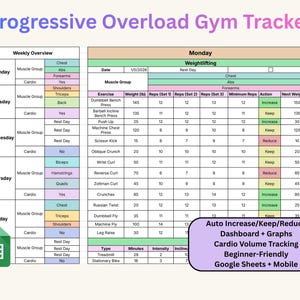 Peut inclure: Un suivi d'entraînement numérique intitulé "Progressive Overload Gym Tracker" avec un aperçu hebdomadaire et des journaux d'entraînement quotidiens. Comprend des exercices d'haltérophilie, du cardio et une intégration Google Sheets. Avec options d'augmentation/maintien/réduction automatique.