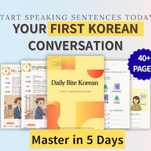 Może przedstawiać: Obraz promujący zeszyt ćwiczeń do nauki języka koreańskiego, "Daily Bite Korean", z tekstem "Level 2. Instant Korean Scripts". Obraz zawiera tekst "Master in 5 Days" i "40+ PAGES".