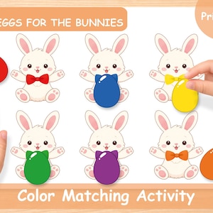 May include: A printable PDF color matching activity for Easter. The image shows six cartoon bunnies with colored bow ties and eggs. The text "EGGS FOR THE BUNNIES" and "Color Matching Activity" are visible.