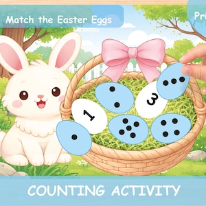 May include: A children's counting activity featuring a white bunny, a basket with Easter eggs, and the text "Match the Easter Eggs." The image includes the text "Printable PDF" and "Counting Activity."