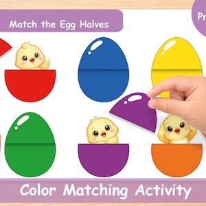 Peut inclure: Une activité d'association des couleurs au format PDF imprimable pour enfants. L'image montre des moitiés d'œufs colorées avec des poussins à l'intérieur. Le texte indique "Match the Egg Halves" et "Color Matching Activity". Une main est montrée en train d'associer la moitié d'œuf violette.