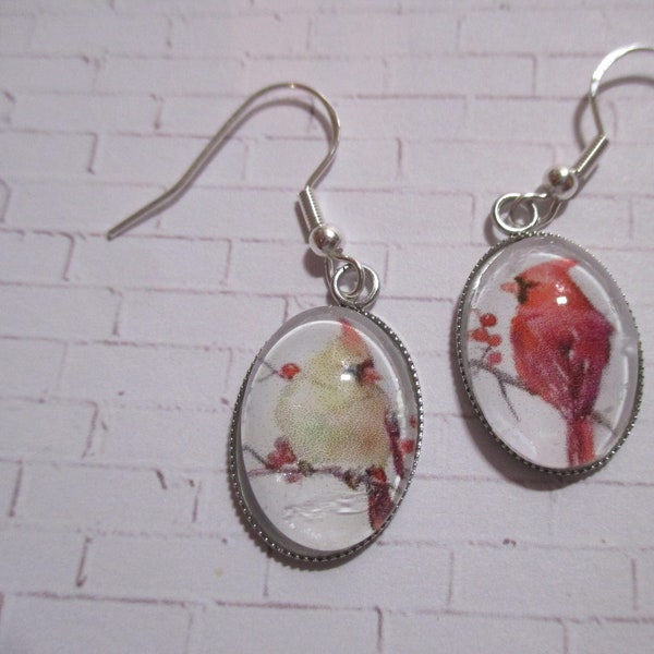 Cardinal Pair Mismatched Glass Silver Earrings