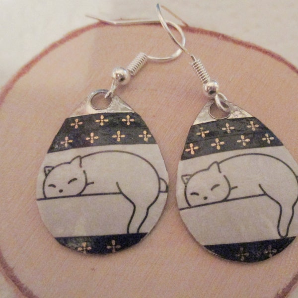 Napping Cat Washi Tape Silver Earrings