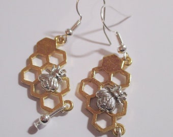 Bee with Honeycomb Gold and Silver Earrings