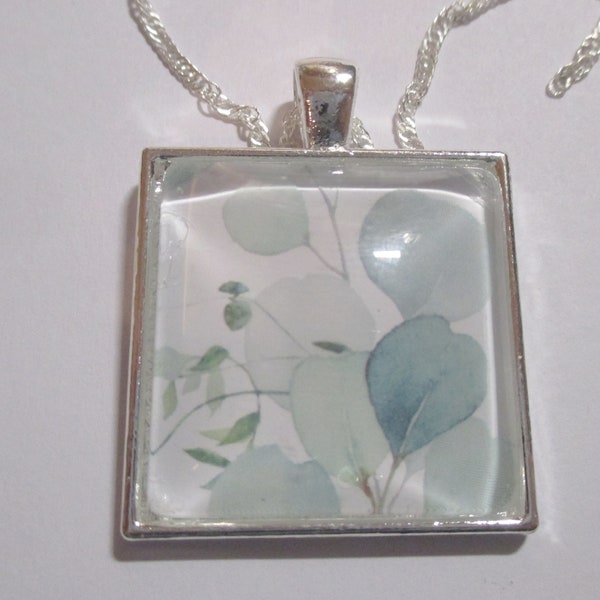 Blue Green Eucalyptus Leaves Silver Pendant