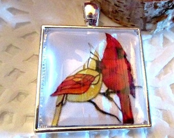 Cardinal Pair Glass Silver Pendant