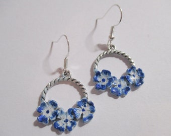 Flower Basket of Blue and White Flowers Silver Earrings