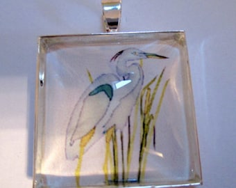 Blue Heron Glass Silver Pendant