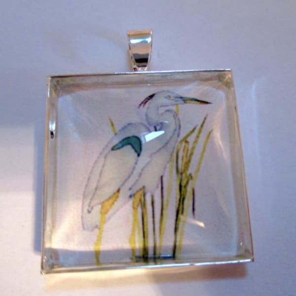 Blue Heron Glass Silver Pendant