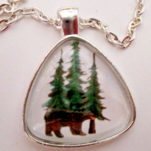 Bear with Pine Trees Glass Silver Pendant