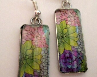 Colorful Succulents (Cactus) Glass Rectangle Earrings