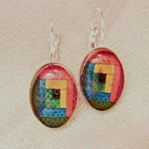 Log Cabin Pattern Glass Silver Earrings