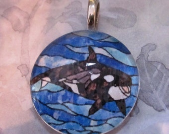 Orca Whale Silver Glass Silver Pendant