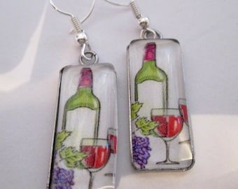 Wine Bottle with Wineglass Glass Rectangle Earrings