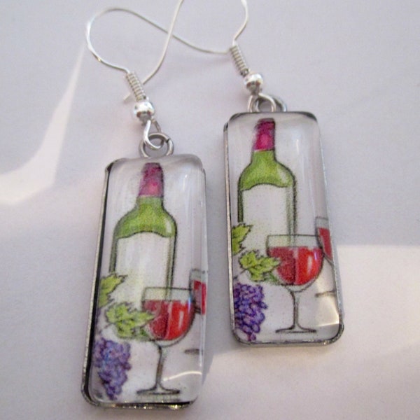 Wine Bottle with Wineglass Glass Rectangle Earrings