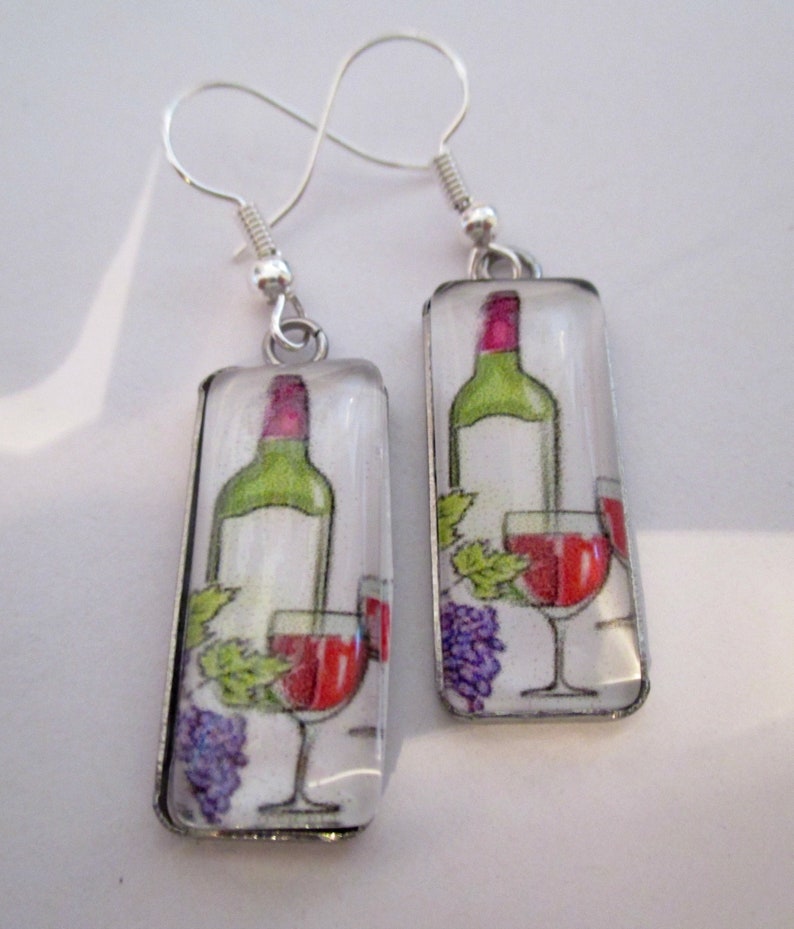 Wine Bottle with Wineglass Glass Rectangle Earrings image 1