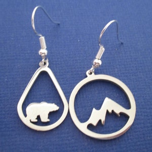 Bear and Mountain Silver Mismatched Earrings - one pair