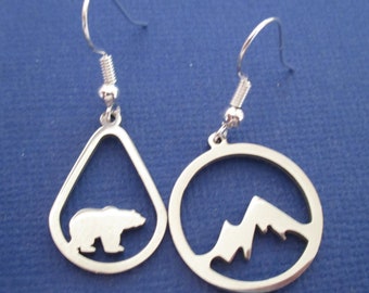 Bear and Mountain Silver Mismatched Earrings - one pair