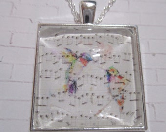 Music Sheet with Hummingbirds Glass Silver Pendant