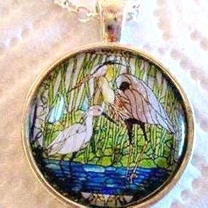 Heron and Chick Glass Silver Pendant