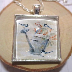 Chickadees with Watering Can Glass Silver Pendant