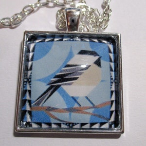 Chickadee Barn Quilt Glass Silver Pendant w/without chain