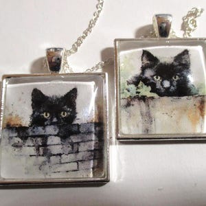 Curious Black Cat Glass Silver Pendant - one item