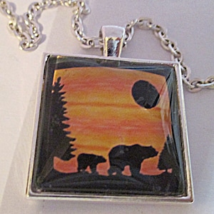 Mama Bear and Cub Glass Silver Pendant