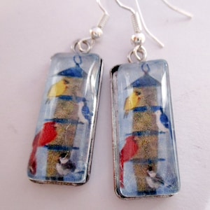 Bird Feeder with Birds Glass Rectangle Earrings