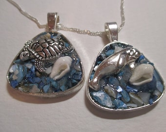 Silver Manatee or Sea Turtle with Seashells Silver Pendant