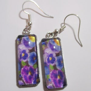 Colorful Pansies Glass Rectangle Earrings