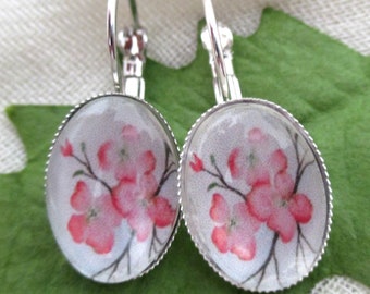 Pink Dogwood Flower Glass Silver Earrings