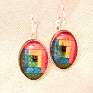 Log Cabin Pattern Glass Silver Earrings