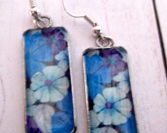 Blue and Aqua Floral Glass Rectangle Earrings