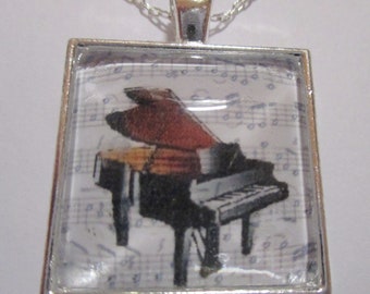 Piano with Music Notes Glass Silver Pendant