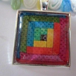 Colorful Quilt Patterns Glass Silver Pendant