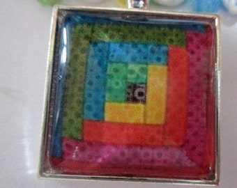 Colorful Quilt Patterns Glass Silver Pendant