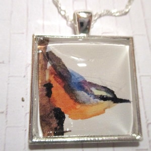 Nuthatch Watercolor Image Glass Silver Pendant
