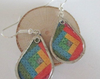 Paper Silver Earrings - Colorful Quilts - paper jewelry