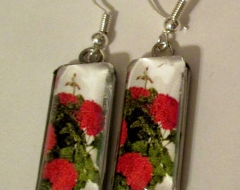 Red Geraniums Glass Rectangle Earrings