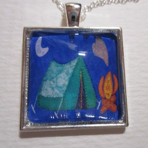 Quilted Camping Silver Glass Pendant