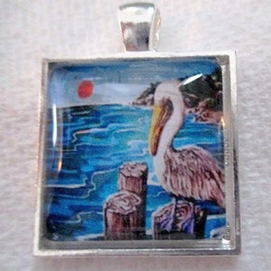 Pelican on Post Glass Silver Pendant