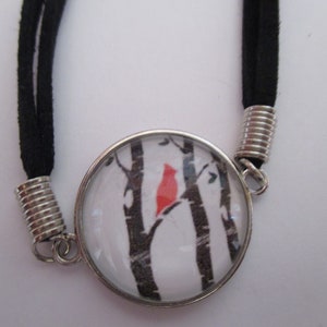 Red Cardinal with Tree Branches Glass and Suede Adjustable Bracelet