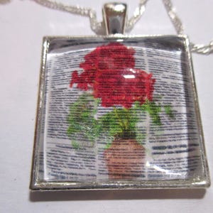 Red Geraniums Glass Silver Pendant - Mixed Media