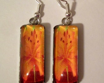 Orange Tiger Lily Glass Rectangle Earrings