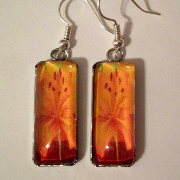 Orange Tiger Lily Glass Rectangle Earrings