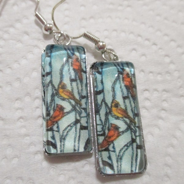 Stained Glass Cardinals Glass Rectangle Earrings