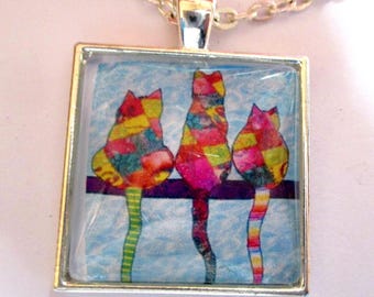 Quilt Cats Silver Pendant