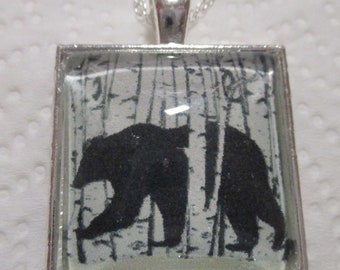 Black Bear with Birches Glass Silver Pendant